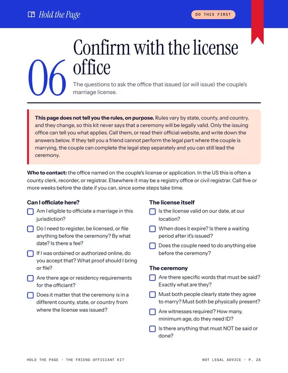 The license-office question sheet with checkboxes.